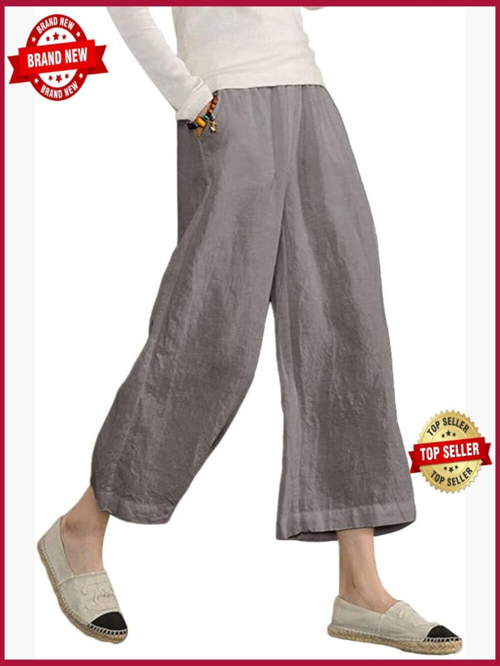 Linen Cropped Wide Leg Pants Elastic Waist Drawstring Plus Size Capri Trousers